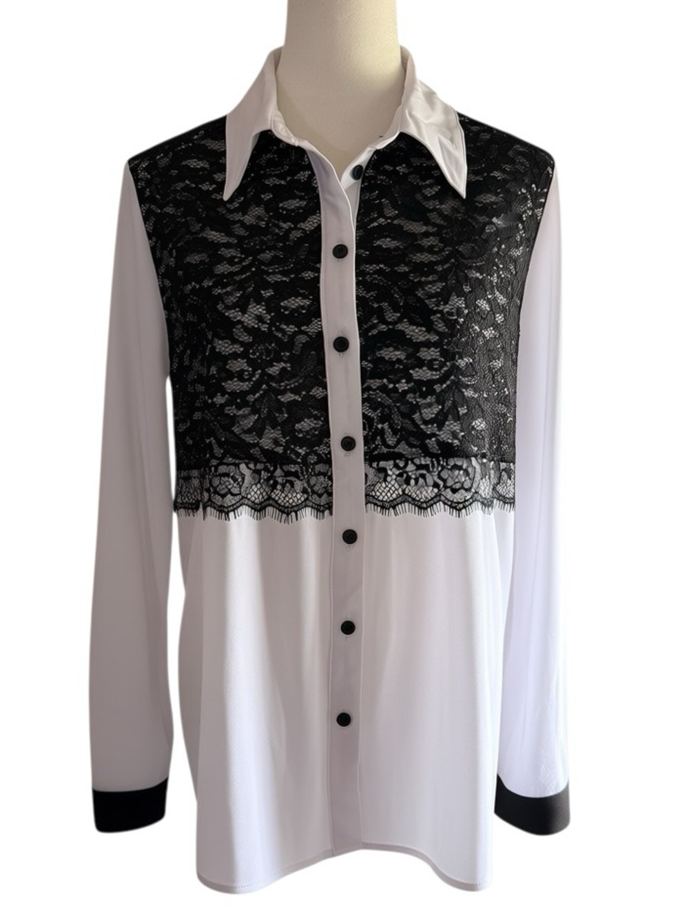 Peter Nygard White Button-Front Blouse with Black Lace Yoke.  NWT
